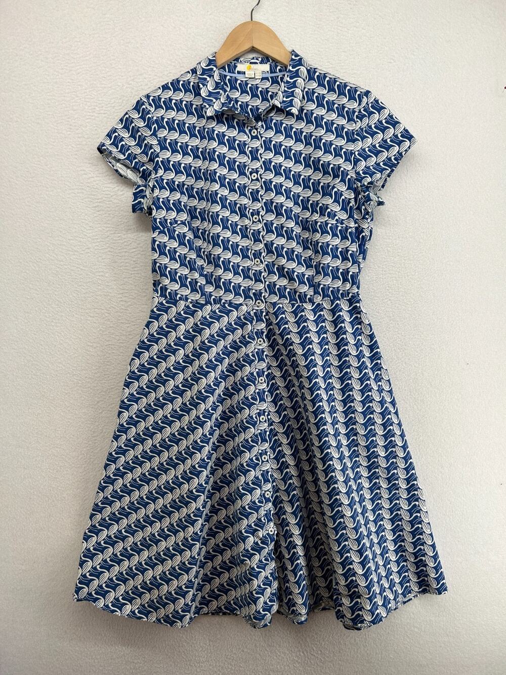 BODEN Dress 10R Sophia Shirtdress Button Front Bird Print Flamingo Cotton Blue